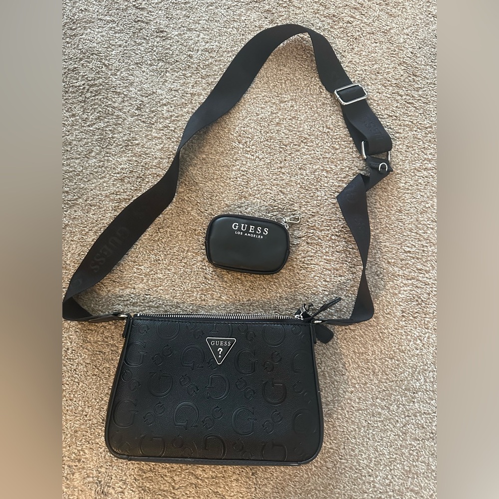 GUESS Embossed Black Crossbody Bag with Pouch